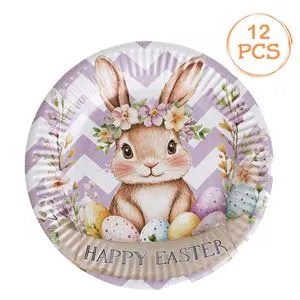 Farfurii de Petrecere din Carton, Set 12 buc, Alb si Lila, Model Pastel, Ø23cm