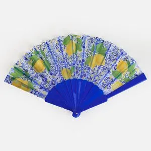 Evantai pliabil din plastic cu model lamai, albastru, 21 cm