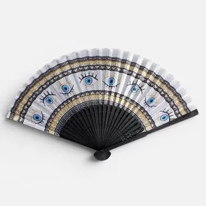 Evantai pliabil din bambus cu model ochi, 21 cm, negru