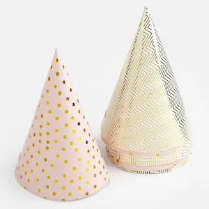 Coifuri de petrecere din hârtie, set 6 buc, 16 cm, roz cu buline aurii și alb cu zig-zag auriu