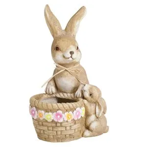 Decoratiune ceramica de Paste cu iepurasi si cos, 28x31x47cm, Bej