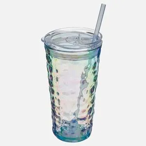 Pahar termic din plastic cu capac si pai, 650 ml, efect holografic