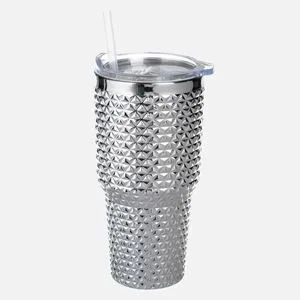 Pahar din plastic cu pai, 850 ml, argintiu, cu capac