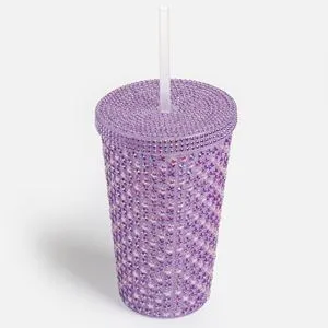 Pahar termic cu pai si strasuri, 470 ml, mov