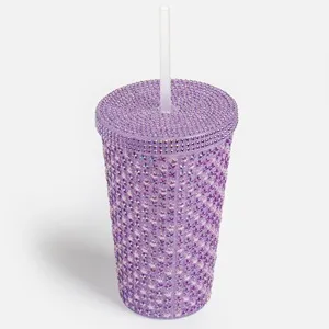 Pahar plastic Diamond Mov 470ml cu strasuri, capac și pai – poza 2