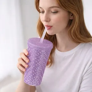 Pahar plastic Diamond Mov 470ml cu strasuri, capac și pai – poza 3