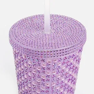 Pahar plastic Diamond Mov 470ml cu strasuri, capac și pai – poza 4