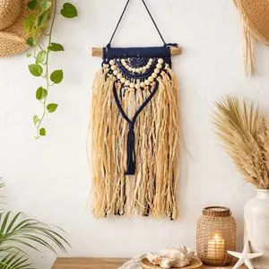 Decorațiune de Perete Rotundă Macrame cu Lemn și Raffia Albastru