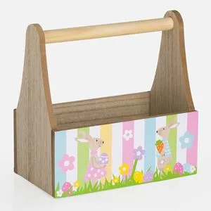 Ladita decorativa de Paste din lemn cu dungi colorate si figurine, 24x14x24cm