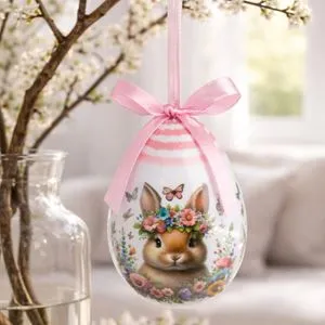 Decoratiune Ou din Spuma, 10 cm, Alb, cu Model Floral si Iepuras