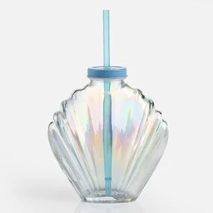 Pahar din sticlă în formă de scoică, cu pai și capac metalic, 480 ml, transparent cu efect holografic
