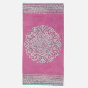 Prosop de plaja din bumbac, model mandala, 150x75 cm, roz si verde