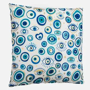 Pernă decorativă de vară cu imprimeu ochi, 40x40 cm, albastru și bleu cu detalii aurii