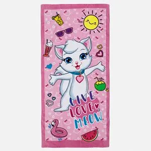 Prosop de plaja din bumbac roz cu model pisica, 140x70 cm