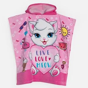 Poncho bumbac roz cu model pisic pentru copii 60x120cm