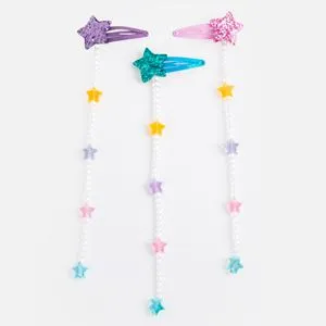 Clame de păr cu stea 3D și mărgele suspendate, set 3 buc, multicolor, 4,5x17 cm