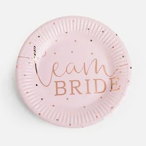 Farfurii de Petrecere din Carton, Roz, cu Buline și Inscripția Team Bride, Ø18cm, Set 6 buc