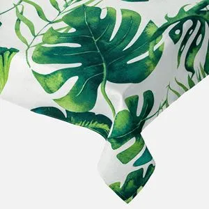 Fata de masa cu model de frunze tropicale, 180x140 cm, alba cu verde