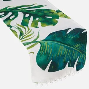 Runner de masă cu model frunze tropicale, 160x31 cm, alb cu verde