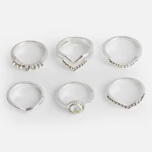 Set de 6 Inele Argintii cu Strasuri pentru Femei