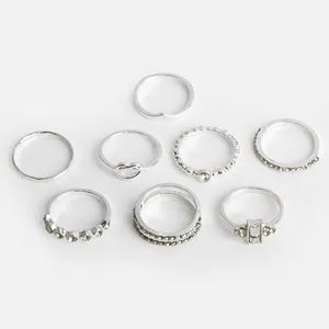 Set de 8 Inele Argintii cu Strasuri pentru Femei