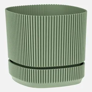 Ghiveci din Plastic Verde Menta cu Dungi Reliefate și Farfurie Incorporată