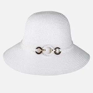 Palarie de paie alba cu inele decorative pentru femei