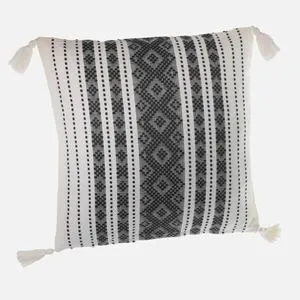 Pernă decorativă cu ciucuri, 40x40 cm, albă cu model geometric negru