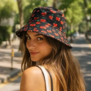 Palarie bucket neagra cu imprimeu cirese, marimea 57, pentru femei – poza 3