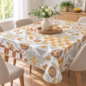 Față de masă plastifiată 180x140 cm, model geometric portocaliu – poza 3
