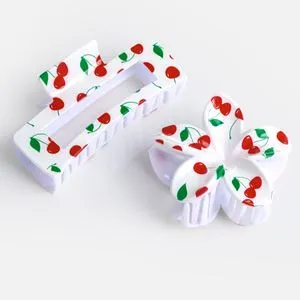 Clame de păr albe cu model cireșe, set 2 buc, 8-11 cm