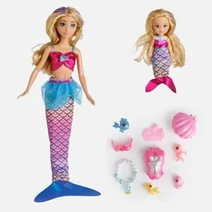 Papusă manechin sirena 33cm cu coadă multicoloră și accesorii complete