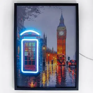 Tablou Decorativ cu Iluminare Neon, Cabina Telefonica Londra, 30x40cm