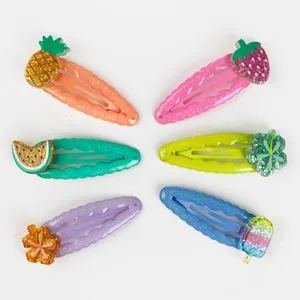 Clame de par ondulate cu glitter si fructe 3D, 6 bucati, 5,5 cm, multicolore
