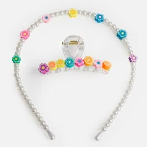 Set Bentita si Clama de Par pentru Copii, Decoratiuni cu Margele si Flori Fimo, Multicolor