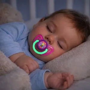 Suzetă din silicon cu efect glow in the dark, model albină, fucsia, 6-36 luni, cu cutie pentru sterilizare