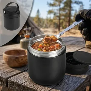 Caserola termică inoxidabilă cu lingură, capac cu abur, 600ml