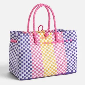 Geanta impletita multicolor in carouri, 36x22x25cm