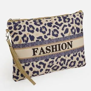 Portfard dama cu model leopard, 29x21 cm, bej-albastru