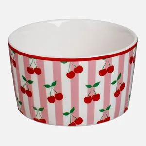 Bol rotund din ceramică cu model dungi și imprimeu cireșe, 175 ml