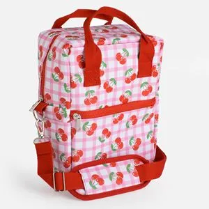 Geantă termoizolantă cu model cireșe, 6L, 21x13x27cm, alb-roz cu dungi