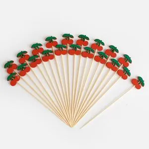Scobitori decorative din bambus cu cireșe, 12 cm, set de 20 bucăți