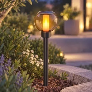 Felinar solar de grădină cu glob din sticlă fumurie, 29 cm, LED alb cald – poza 2