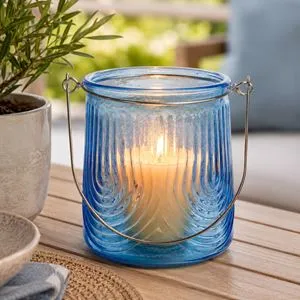 Felinar Decorativ din Sticla Bleu cu Maner, Ø10x11,5cm