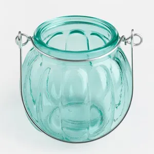 Felinar decorativ din sticlă, formă de dovleac, cu mâner metalic, verde mentă, Ø7,5x8cm – poza 3