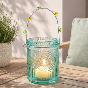 Felinar Decorativ din Sticla cu Maner Metalic, Menta, Ø7,5x10cm