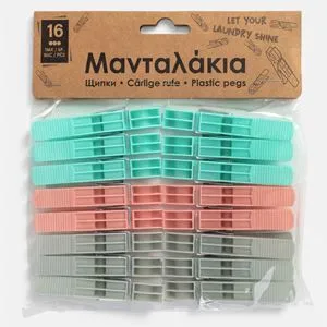 Set 16 Clești de Rufe din Plastic, 3 Culori, 8 cm