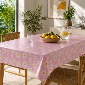 Față de masă roz din plastic cu model margarete, 180x120 cm – poza 3