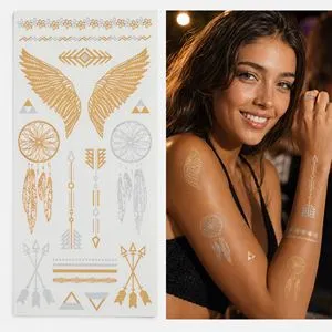 Tatuaje Metalice Autocolante, Auriu & Argintiu, Set cu Modele Aripi, Dreamcatcher și Săgeți