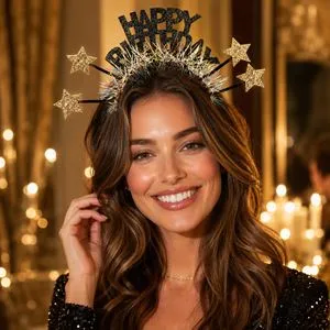 Bentita de par pentru petrecere cu beteala si stelute aurii Happy Birthday